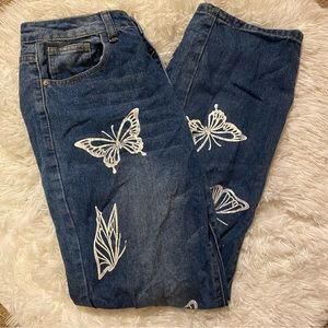 dark wash butterfly pattern baggy jeans